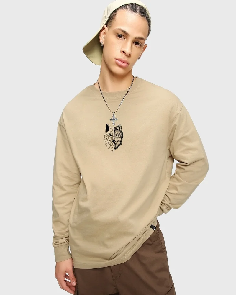 بيواكوف Men's Brown Beast Within Graphic Printed Oversized T-shirt